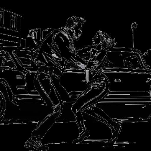 Dibujo de arte lineal de un hombre apartando a una mujer de un taxi que se acerca y deteniendo una pelea callejera, representando los actos heroicos de Ryan Gosling.