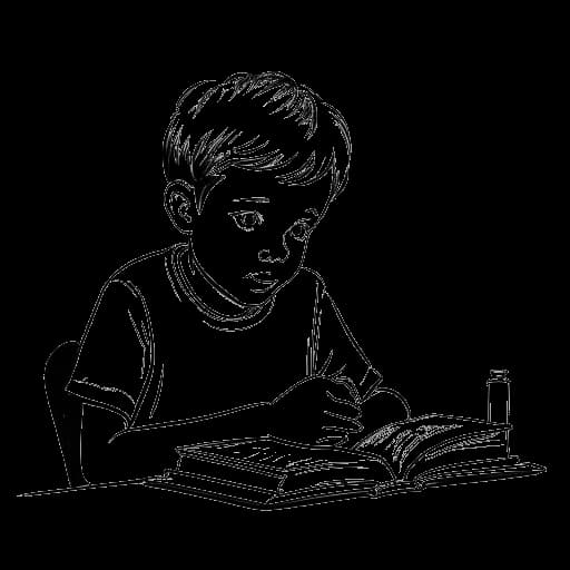 Dibujo de arte lineal de un niño con un libro, representando a Ryan Gosling durante su período de educación en casa.