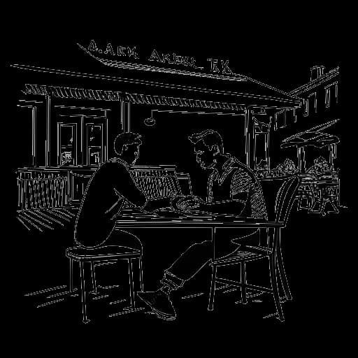 Lijntekening van een man die Bradley Cooper vertegenwoordigt, zittend in een buitencafé, met een boek in zijn hand en een Franse vlag en het woord 'Aix-en-Provence' op de achtergrond.