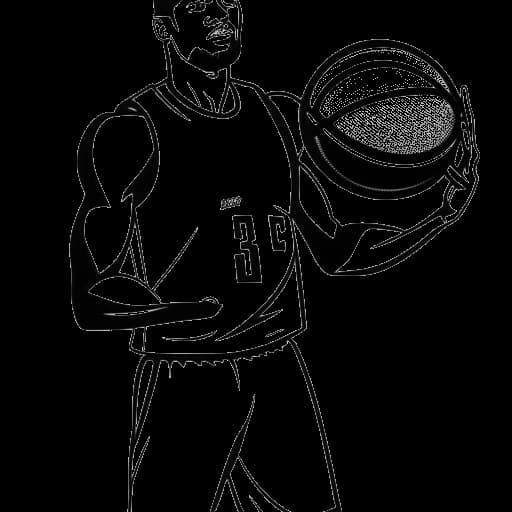 Lijntekening van een man die Bradley Cooper vertegenwoordigt, met een basketbal in zijn hand, met een basket en de woorden 'basketballer' op de achtergrond.