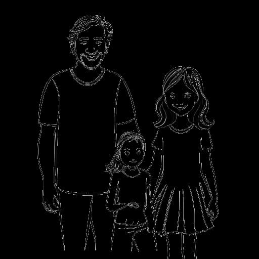 Lijntekening van een man die Bradley Cooper vertegenwoordigt, hand in hand met een vrouw en een meisje, met de woorden 'Jennifer Esposito' en 'Irina Shayk' op de achtergrond.