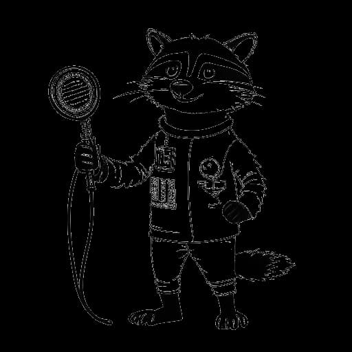 Lijntekening van een man die Bradley Cooper vertegenwoordigt, met een microfoon in zijn hand, met een getekende wasbeer in een ruimtepak op de achtergrond.