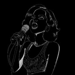 Disegno a linee di Katy Perry che tiene un microfono, circondata da note musicali e dalle parole "pop" e "rock" intercalate.