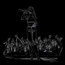 Disegno a linee di Katy Perry in piedi su un palco con un microfono in mano, circondata da fan affezionati.
