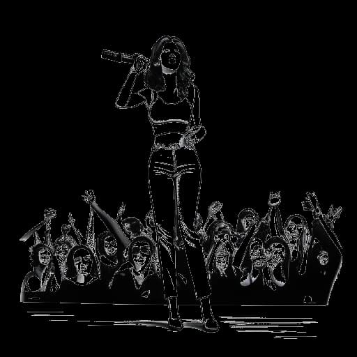 Disegno a linee di Katy Perry in piedi su un palco con un microfono in mano, circondata da fan affezionati.