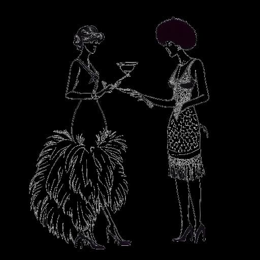 Lijntekening van een vrouw, die Katy Perry vertegenwoordigt, staand naast een showgirl en een naaister.