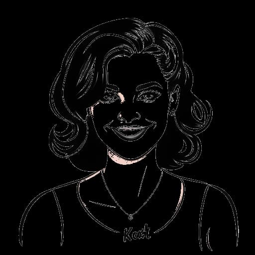 Lijntekening van een vrouw, die Katy Perry vertegenwoordigt, met een naambordje met 'Katy Perry' erop geschreven.