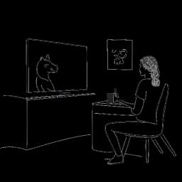 Strichzeichnung, die HoneyPuu beim Online-Streaming zeigt, während sie auch Momente aus ihrem Privatleben mit einem Mann und einem Haustierhund teilt.