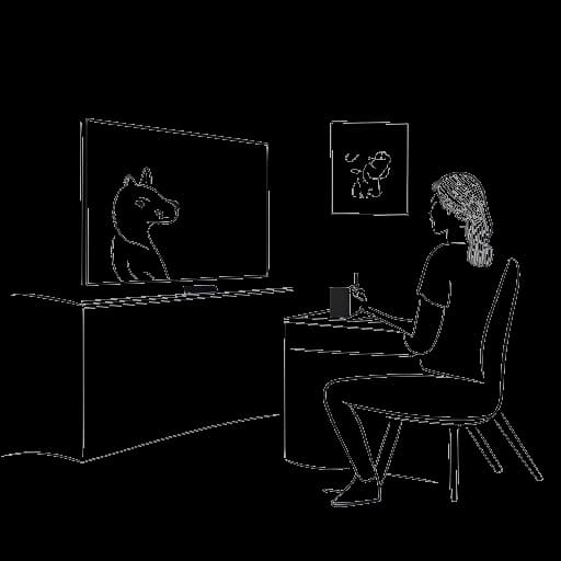Strichzeichnung, die HoneyPuu beim Online-Streaming zeigt, während sie auch Momente aus ihrem Privatleben mit einem Mann und einem Haustierhund teilt.