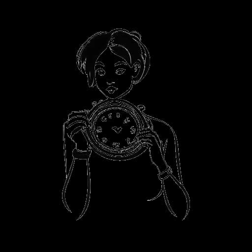 Strichzeichnung einer Frau, die HoneyPuu darstellt, die eine Stoppuhr und die große Zahl 800.000 hält, was die Views ihrer Inhalte allein im Januar 2023 symbolisiert.