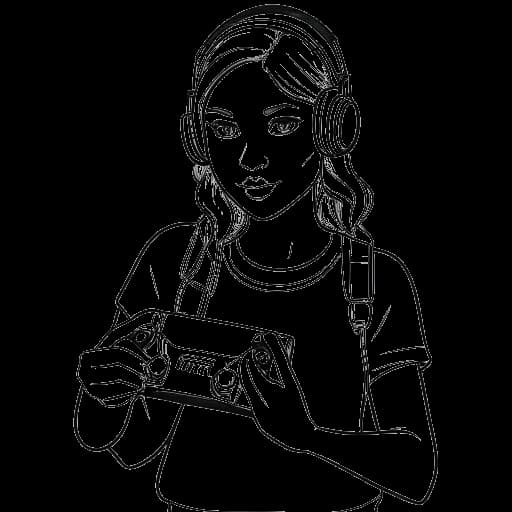 Strichzeichnung einer Frau, die HoneyPuu darstellt und Game-Controller für Minecraft, Valorant und Call of Duty: Warzone hält und damit ihre erweiterten Gaming-Inhalte präsentiert.