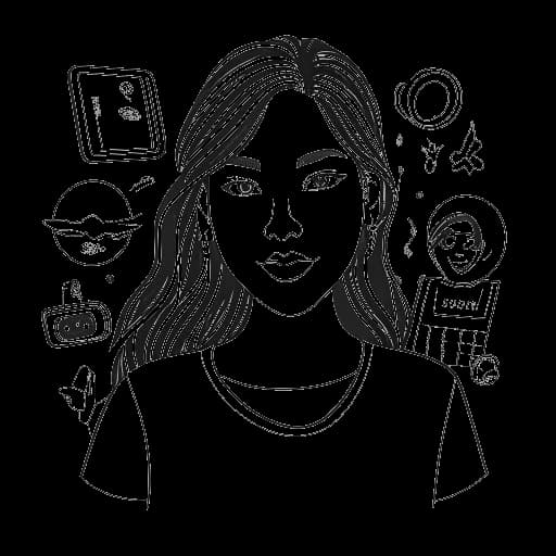 Strichzeichnung einer Frau, die HoneyPuu darstellt und von Logos für Twitch, YouTube, Instagram und TikTok umgeben ist, was ihre bedeutende Anhängerschaft auf verschiedenen Plattformen zeigt.