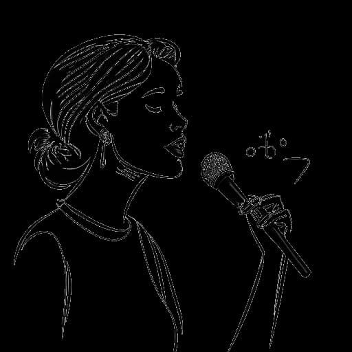 Strichzeichnung einer Frau, die HoneyPuu darstellt, die in ein Mikrofon spricht, mit einem Kalender, der ein Ereignis pro Monat zeigt, und negativen Kommentaren, die im Hintergrund verblassen, was ihre frühen Streaming-Tage und das Überwinden der Herausforderung negativer Kommentare symbolisiert.