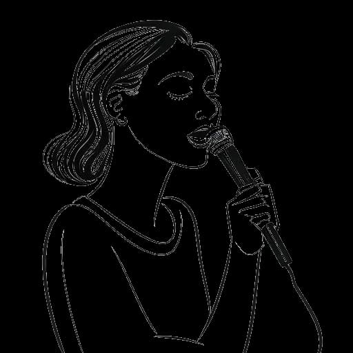 Strichzeichnung einer Frau, die HoneyPuu darstellt, die negative Kommentare überwindet und in ein Mikrofon spricht, was ihre Kritik über erhöhte Streaming-Frequenz und mentale Gesundheitsunterstützung symbolisiert.