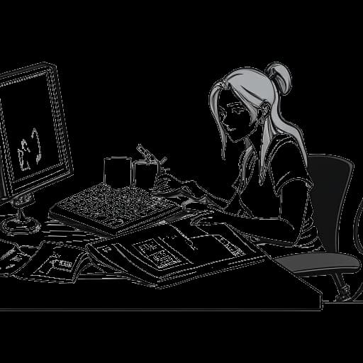 Strichzeichnung einer Frau, die HoneyPuu darstellt, die an einem Schreibtisch sitzt, mit einem Lehrbuch auf der einen Seite und einem Computer, der League of Legends zeigt, auf der anderen Seite, was ihre Leidenschaft für League of Legends symbolisiert, die zur Wiederholung der 9. Klasse führte.