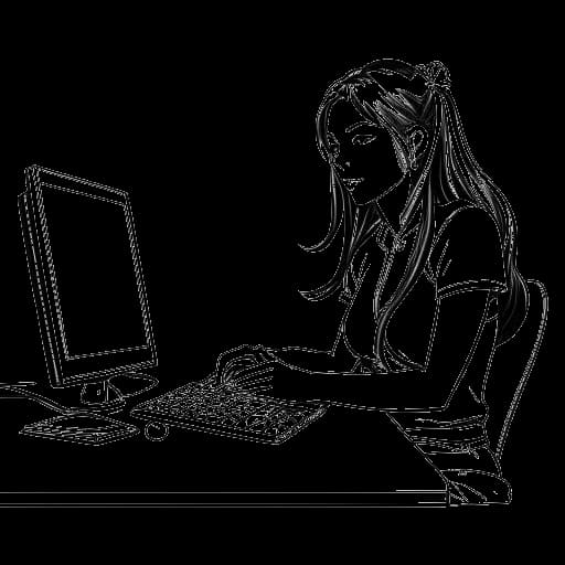 Strichzeichnung einer Frau, die HoneyPuu darstellt, die an einem Schreibtisch sitzt, mit einem Twitch-Logo auf dem Computerbildschirm, und sich auf das Streaming von League of Legends konzentriert.