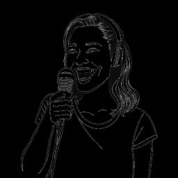 Disegno in line art di una donna che rappresenta Megan Eugenio, sorridente mentre tiene un microfono con il logo di Overtime, incarnando una commentatrice sportiva.