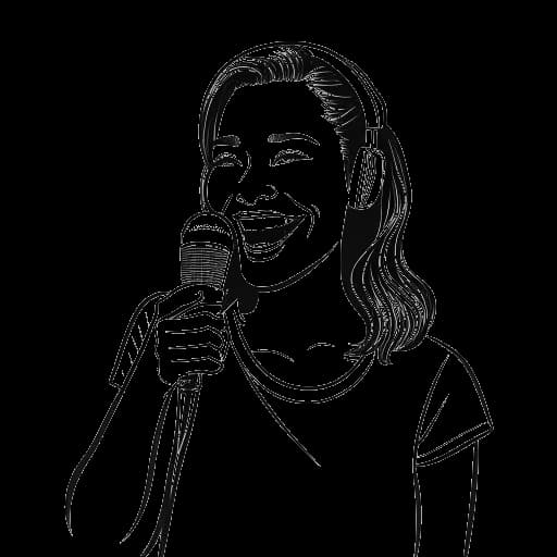 Disegno in line art di una donna che rappresenta Megan Eugenio, sorridente mentre tiene un microfono con il logo di Overtime, incarnando una commentatrice sportiva.