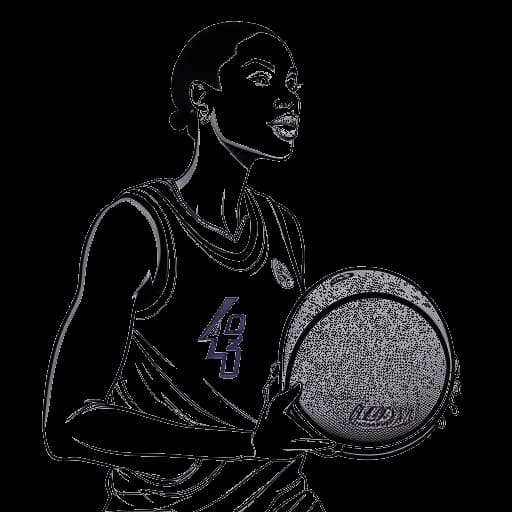 Strichzeichnung einer Frau, die einen Basketball hält, mit Bildern von Kobe Bryant und LeBron James im Hintergrund, die Overtime Megan repräsentiert.