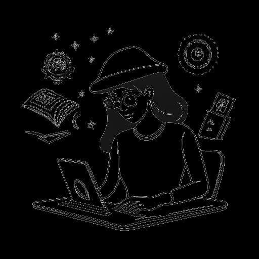 Strichzeichnung einer Frau, die an einem Laptop studiert und Overtime Megan repräsentiert, mit einem Doktorhut und Schulemblemen im Hintergrund.