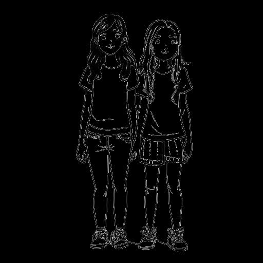 Strichzeichnung von zwei Mädchen, die zusammen stehen, wobei das eine etwas größer ist und Overtime Megan und ihre ältere Schwester Amanda repräsentiert.