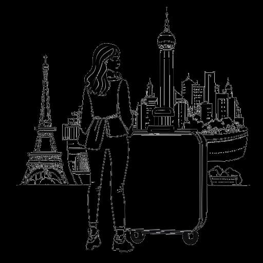 Strichzeichnung einer Frau, die einen Koffer hält und vor Weltwahrzeichen steht, die Overtime Megans Reisen nach New York, Mexiko und Thailand repräsentieren.