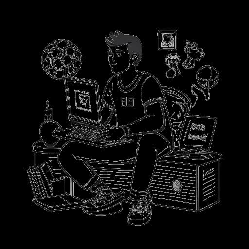 Uma arte de linha representando Duke Dennis, com um homem envolvido em jogos em um computador, segurando uma bola de basquete e um item de roupa marcado com um 'D', enquanto os logotipos do YouTube e Twitch pairam ao fundo.