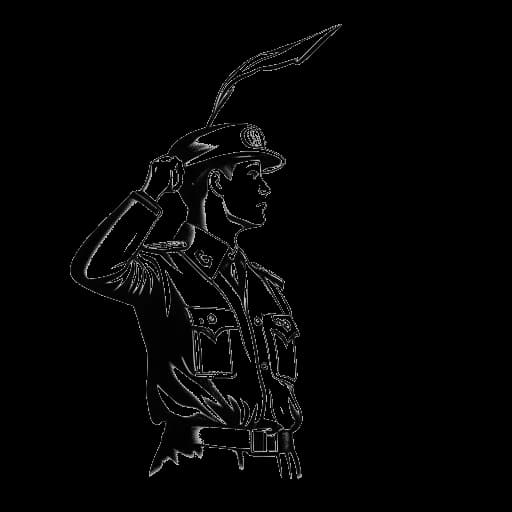 Desenho de arte linear de um jovem soldado, representando Duke Dennis, prestando continência diante de uma bandeira alemã