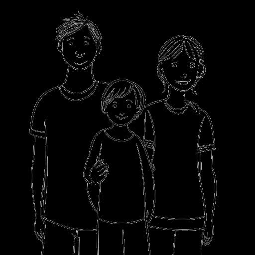 Desenho de arte linear de uma família representando Duke Dennis, composta por uma mãe solteira e dois irmãos