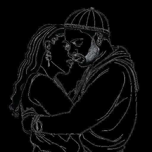 Desenho de arte linear de um casal, representando Duke Dennis e a rapper Kali, se abraçando