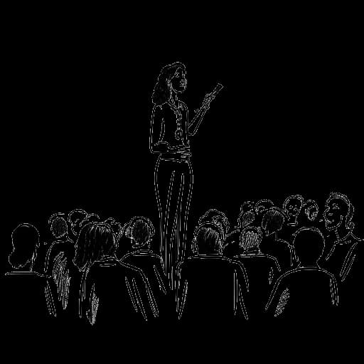 Disegno in stile line art di una donna che rappresenta Amber Rose che parla con sicurezza su un palco di fronte a un pubblico diversificato.