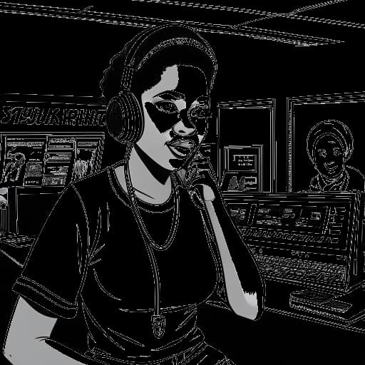 Strichzeichnung einer Frau, die Amber Rose darstellt, posierend vor einem Aufnahmestudio mit einem Mikrofon und einem Schild 'Young Jeezy's Put On'.