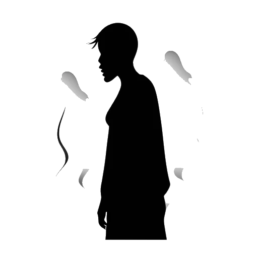 Line art drawing of a silhouette figure surrounded by question marks, with a glowing avatar representing digital presence.