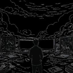 Line art drawing of a figure surrounded by digital screens showcasing diverse opinions, navigating stormy waters of challenges.