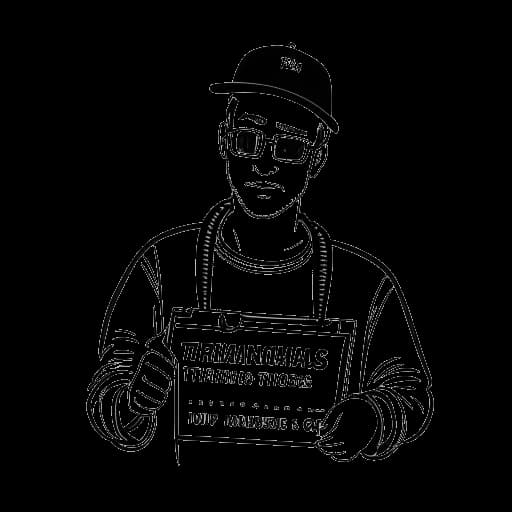 Strichzeichnung eines Mannes, der Mister Metokur darstellt, mit einer schwarzen Mütze und Kopfhörern, der eine Regieklappe mit den Showtiteln 'Tumblrisms', 'Internet Insanity' und 'Deviants' hält