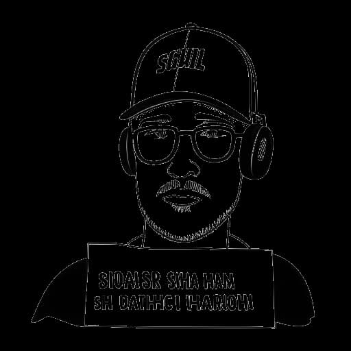 Strichzeichnung eines Mannes, der Mister Metokur darstellt, mit einer schwarzen Mütze und Kopfhörern, der ein Schild mit der Aufschrift 'Stop Kindesmissbrauch & Tierquälerei' hält