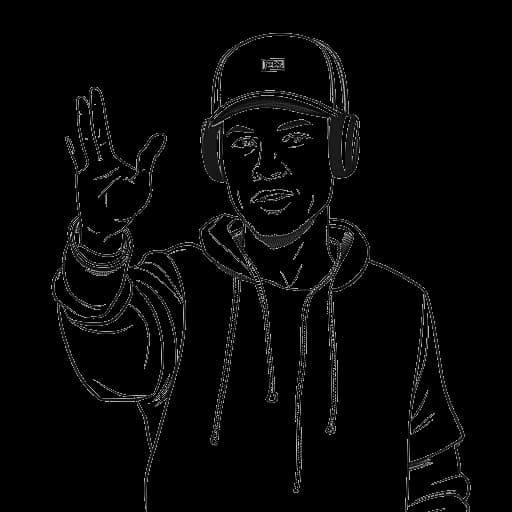 Strichzeichnung eines Mannes, der Mister Metokur darstellt, mit einer schwarzen Mütze und Kopfhörern, der auf zwei kleinere Figuren zeigt, die MundaneMatt und Kraut symbolisieren