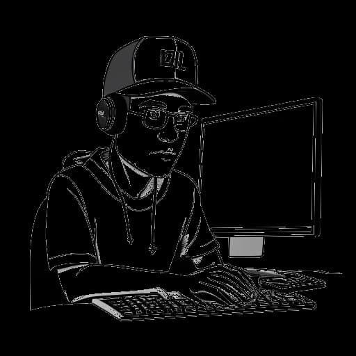 Strichzeichnung eines Mannes, der Mister Metokur darstellt, mit einer schwarzen Mütze und Kopfhörern, der vor einem Computerschirm sitzt. Auf dem Bildschirm ist das YouTube-Logo und der Kanalname 'Jim81Jim' zu sehen.