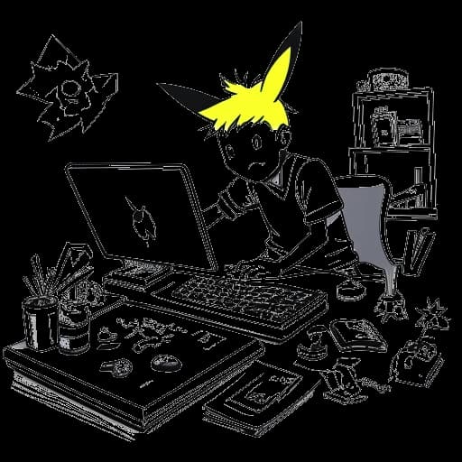 Lijntekening van een levendige jonge man die IShowSpeed vertegenwoordigt met een expressief gezicht dat per ongeluk een Pikachu-figuur raakt, te midden van zijn streaming-setup, op een witte achtergrond.