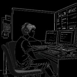 Lijntekening van een jonge man die IShowSpeed vertegenwoordigt, in een moment van rustig gebed of reflectie, met streamingapparatuur achter hem en de glans van politielampen buiten, op een witte achtergrond.