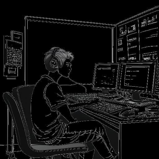 Lijntekening van een jonge man die IShowSpeed vertegenwoordigt, in een moment van rustig gebed of reflectie, met streamingapparatuur achter hem en de glans van politielampen buiten, op een witte achtergrond.