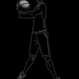 Lijntekening van een lange, slanke jonge man die IShowSpeed vertegenwoordigt, behendig een basketbal dribbelt terwijl hij ook een voetbal vasthoudt, wat zijn liefde voor de sporten weerspiegelt, op een witte achtergrond.