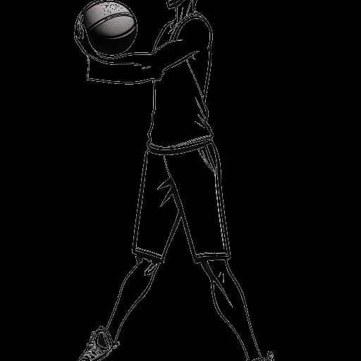 Lijntekening van een lange, slanke jonge man die IShowSpeed vertegenwoordigt, behendig een basketbal dribbelt terwijl hij ook een voetbal vasthoudt, wat zijn liefde voor de sporten weerspiegelt, op een witte achtergrond.
