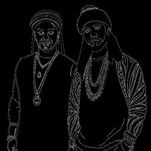 Dibujo de line art de un hombre, que representa a IShowSpeed, con cabello largo, parado junto al cantante indio Daler Mehndi.