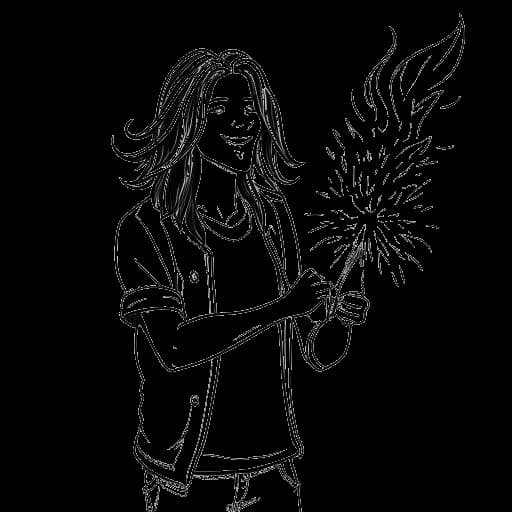 Dibujo de line art de un hombre, que representa a IShowSpeed, con cabello largo, sosteniendo un fuego artificial de Pikachu, con un pequeño incendio de fondo.