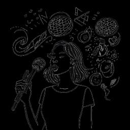 Line art representation of a woman, embodying Olivia Rodrigo, speaking on advocacy topics into a microphone, surrounded by icons of mental health, gender equality, and music, set against a white canvas.
