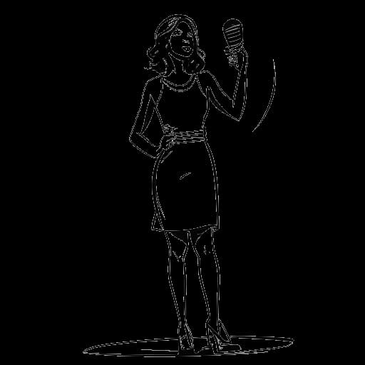 Line drawing of a young woman, representing Olivia Rodrigo, with a microphone and a Grammy on a stage symbolizing her music and acting careers, surrounded by music notes and a film reel, against a white backdrop.