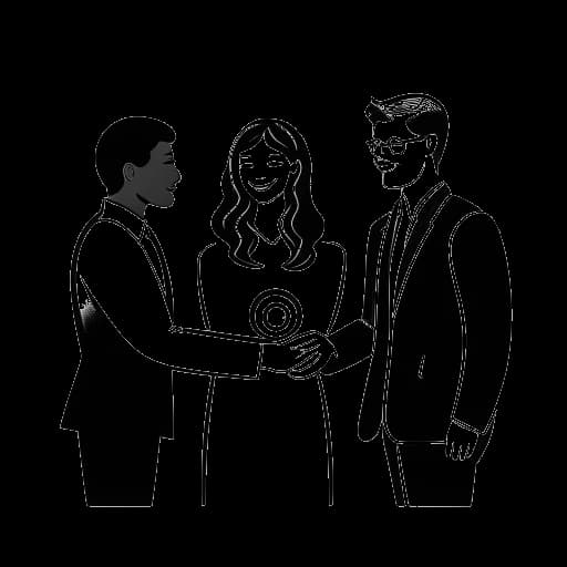 Lijntekening van een jonge vrouw, die Olivia Rodrigo vertegenwoordigt, die een contract ondertekent met platenlabel executives.