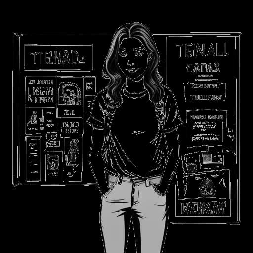 Lijntekening van een jonge vrouw, die Olivia Rodrigo vertegenwoordigt, staand voor haar slaapkamerwand met 'Twilight'-thema.