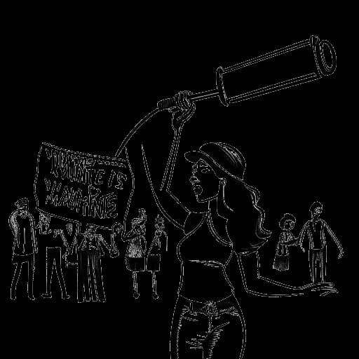 Lijntekening van een jonge vrouw, die Olivia Rodrigo vertegenwoordigt, die pleit voor vrouwenrechten op Glastonbury.